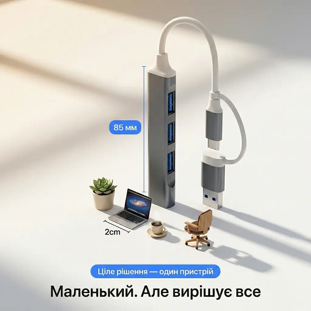 Алюмінієвий USB-хаб 4 порти 1×USB 3.0 + 3×USB 2.0 з підключенням Type-A і Type-C (графітовий) - фото 9