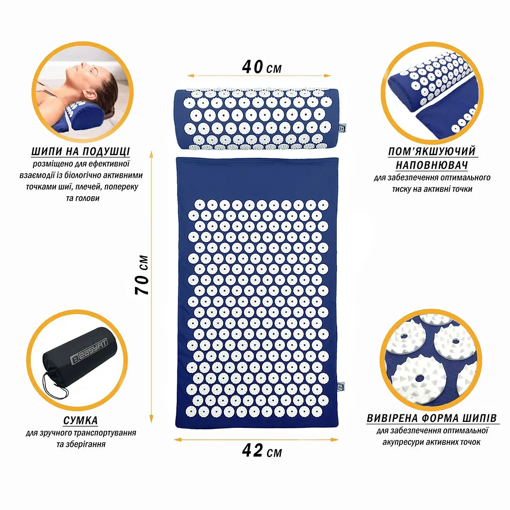 Масажний килимок EasyFit з подушкою (аплікатор Кузнєцова) + чохол Синій з білим (EF-2709-BLW) - фото 3