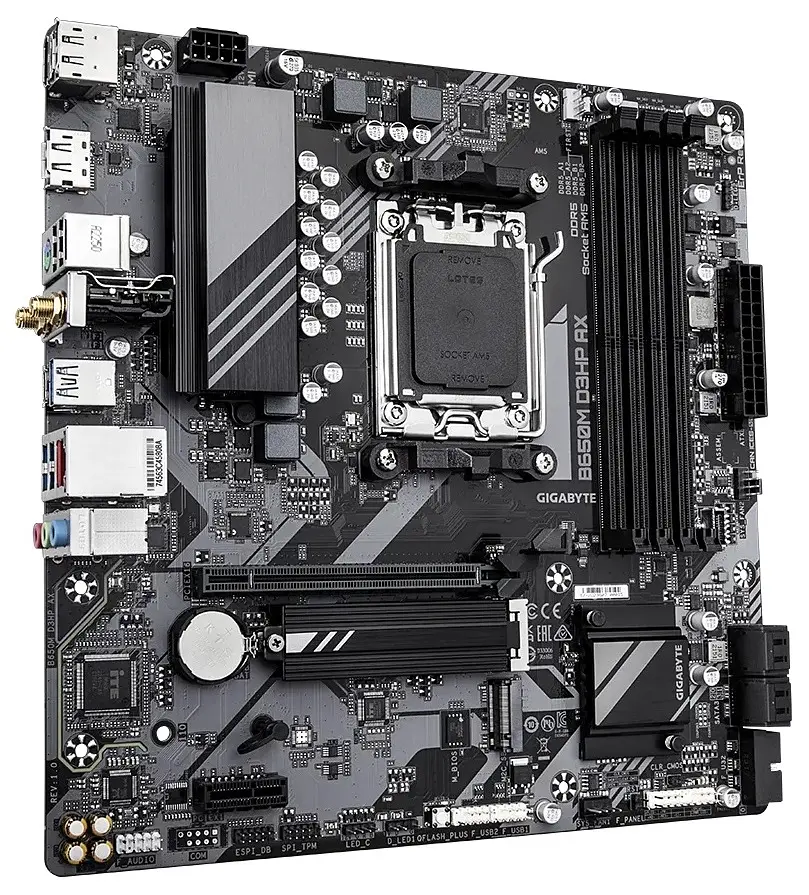 Материнская плата AM5 Gigabyte B650M D3HP AX, B650, 4xDDR5, Int.Video (CPU), 4xSATA3, 2xM.2, 1xPCI-E 4.0 x16, 1xPCI-E 3.0 x1, Realtek 7.1, Realtek 2.5Gb, WiFi 6E, Bluetooth 5.3, 7xUSB3.2/6xUSB2.0, HDMI/2xDP, MicroATX - фото 3