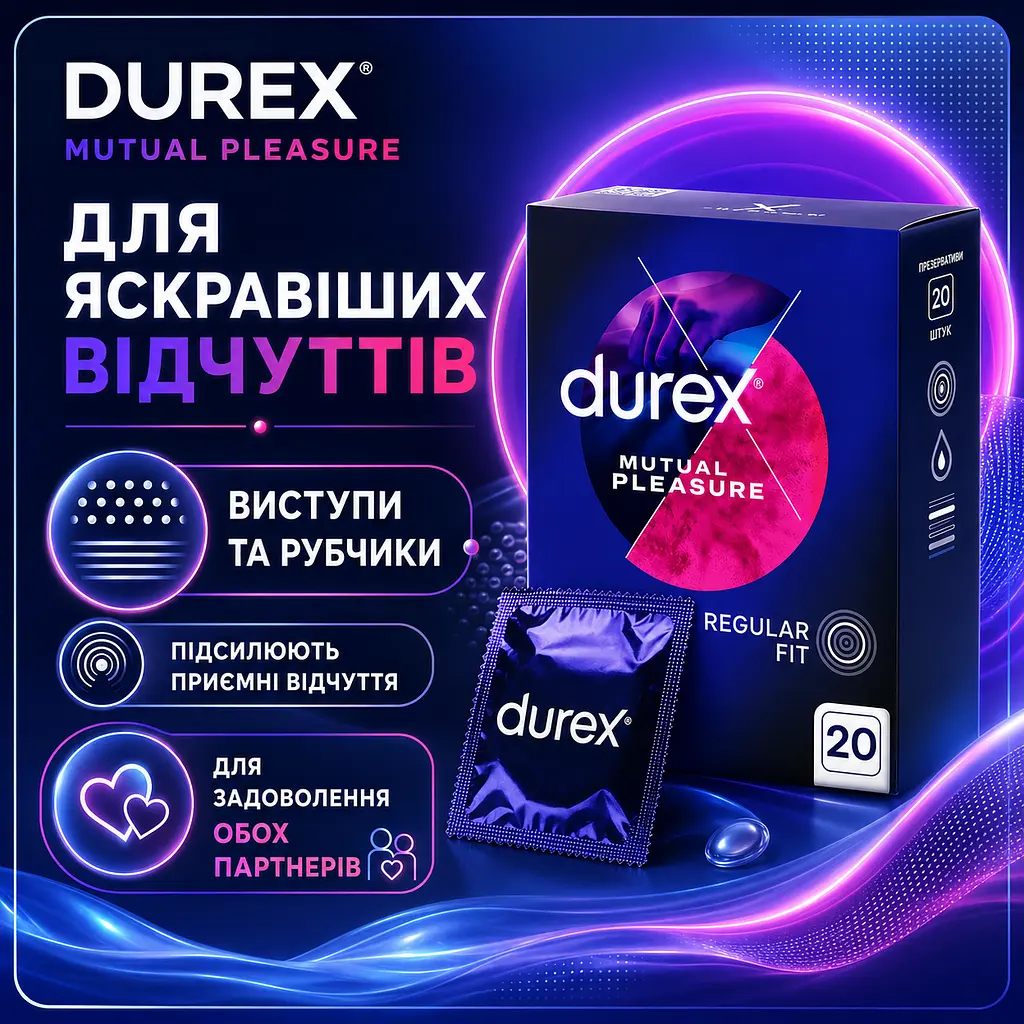Презервативи DUREX Mutual Pleasure 20 ШТ з виступами рубчиками та гелем Performa для продовження задоволення - фото 2