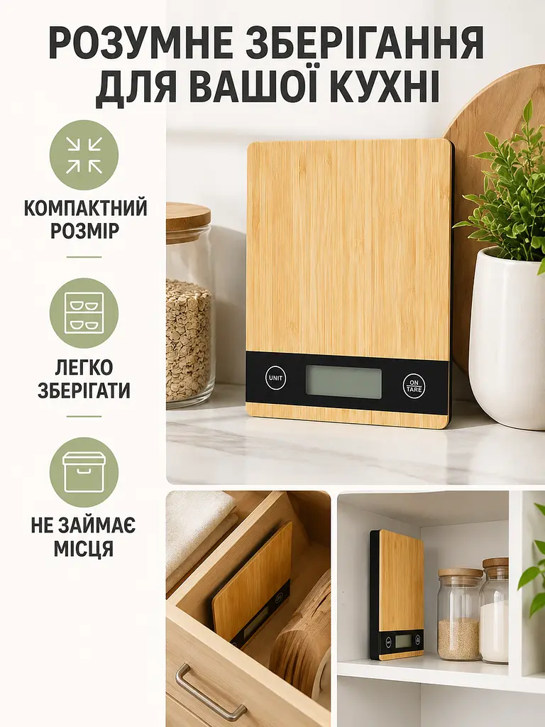 Бамбукові цифрові ваги для кухні до 5 кг з дисплеєм і функцією тари (49676010) - фото 6