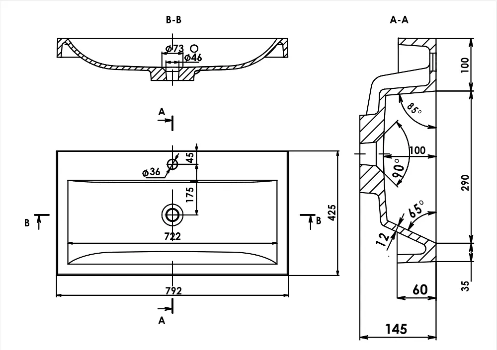 Раковина матовая врезная Amidicon Lagune Slim 80 792x425 из литого камня LAGUNE SLIM_80_MAT, Белый матовый - фото 6