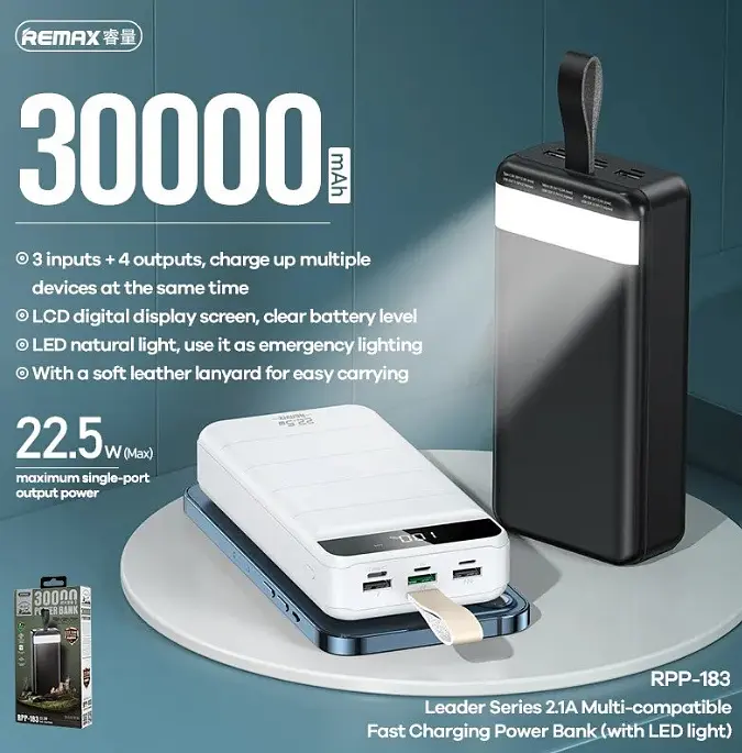 REMAX Leader Series 22.5W Multi-compatible Fast Charging Power Bank (с LED LED) 30000mah RPP-183 Белый - фото 2