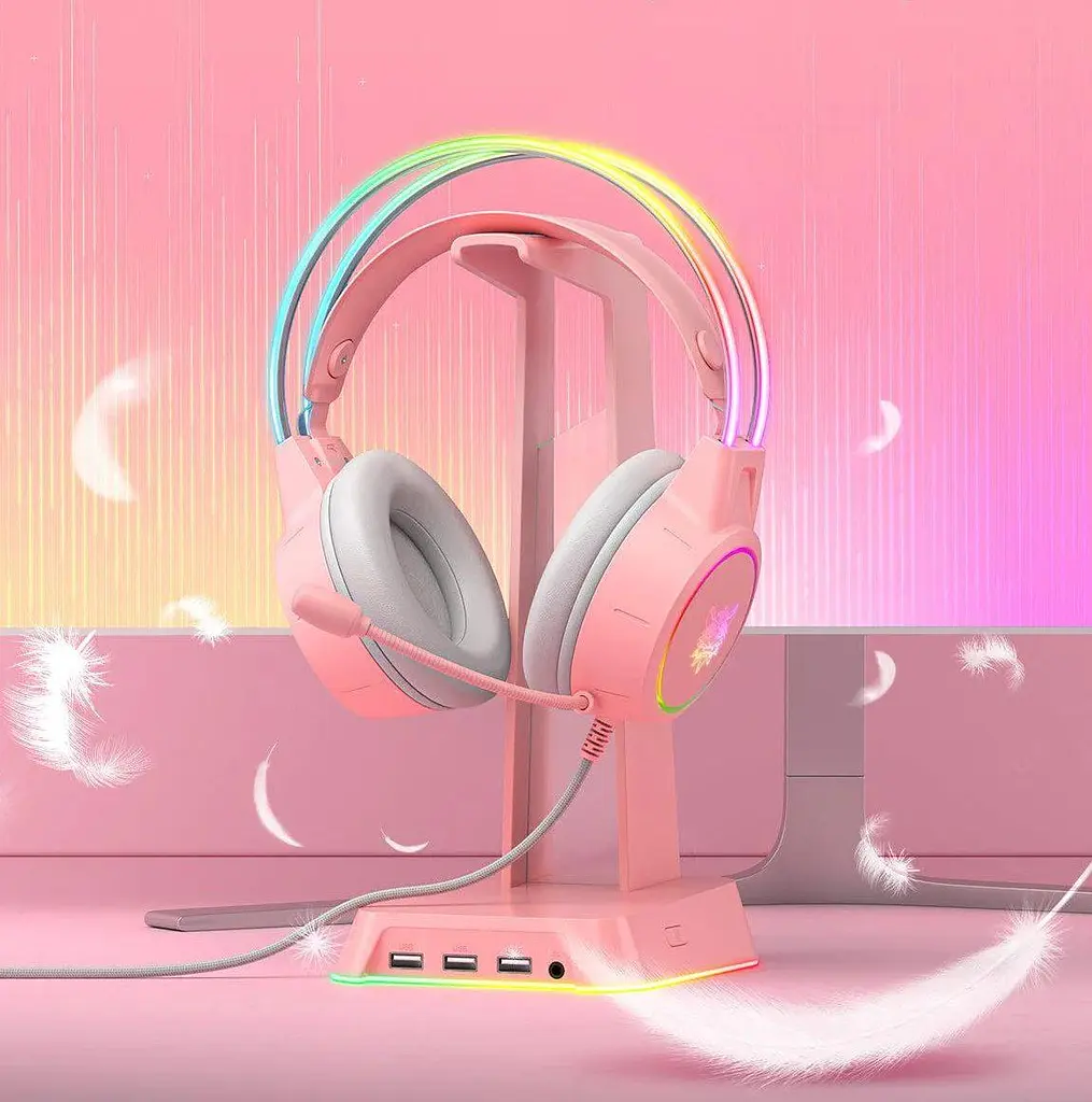 Ігрові дротові навушники для ПК та ноутбука Onikuma X-18 з RGB підсвіткою, шумоподавленням та поворотним мікрофоном 360° Рожевий - фото 5
