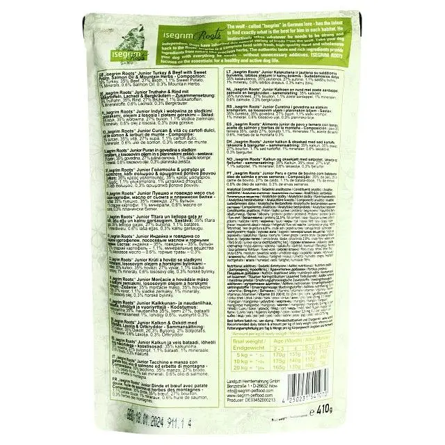 Вологий корм для цуценят Isegrim Junior Pouch Roots Turkey & Beef Індичка і яловичина з бататом, лососевим жиром і гірськими травами 410 г - фото 2