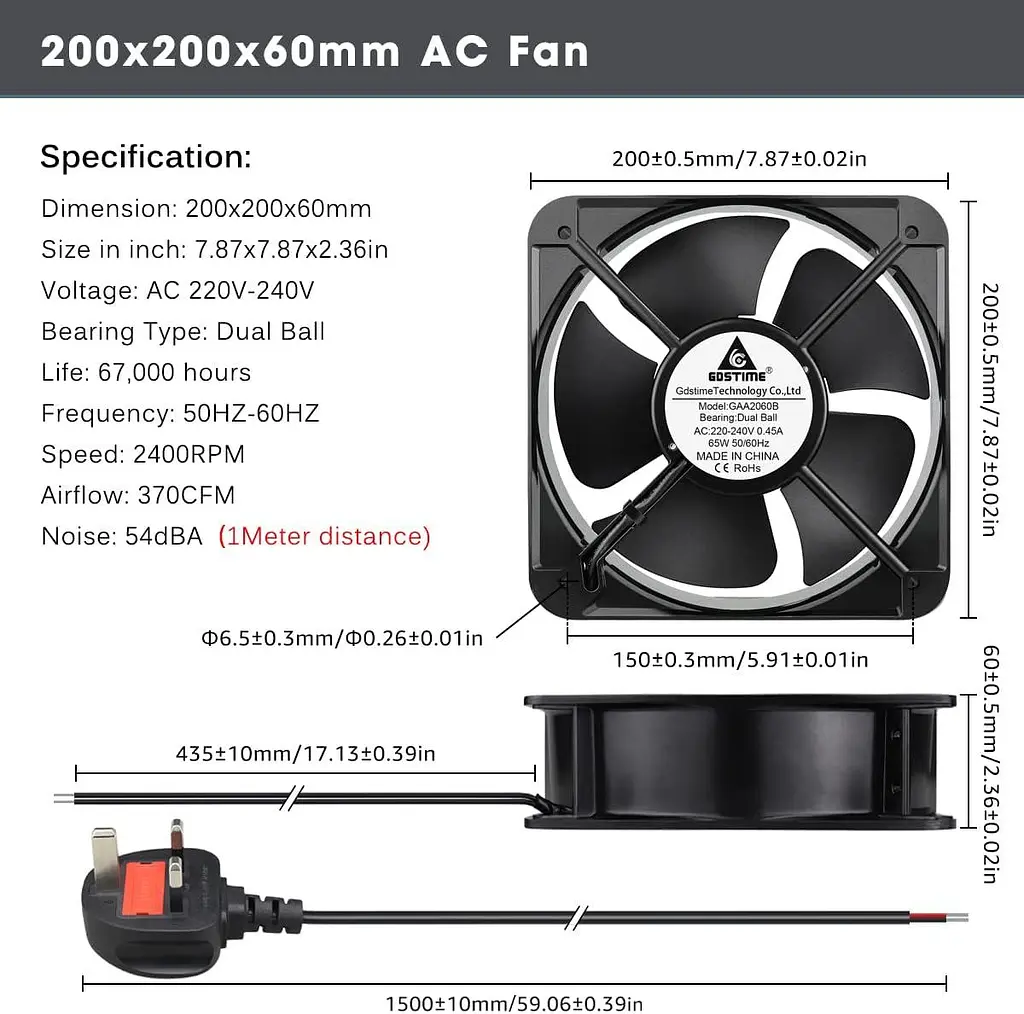 Осієвий охолоджувальний вентилятор GDSTIME 200 x 60 мм ОAC 220 V 240 V Dual Ball Industrial 370 CFM - фото 4
