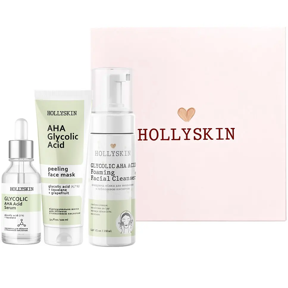 Набір косметики для обличчя Hollyskin Glycolic AHA Acid Intensive Care: Сироватка 30 мл + Маска 100 мл + Очищаюча пінка 150 мл - фото 2