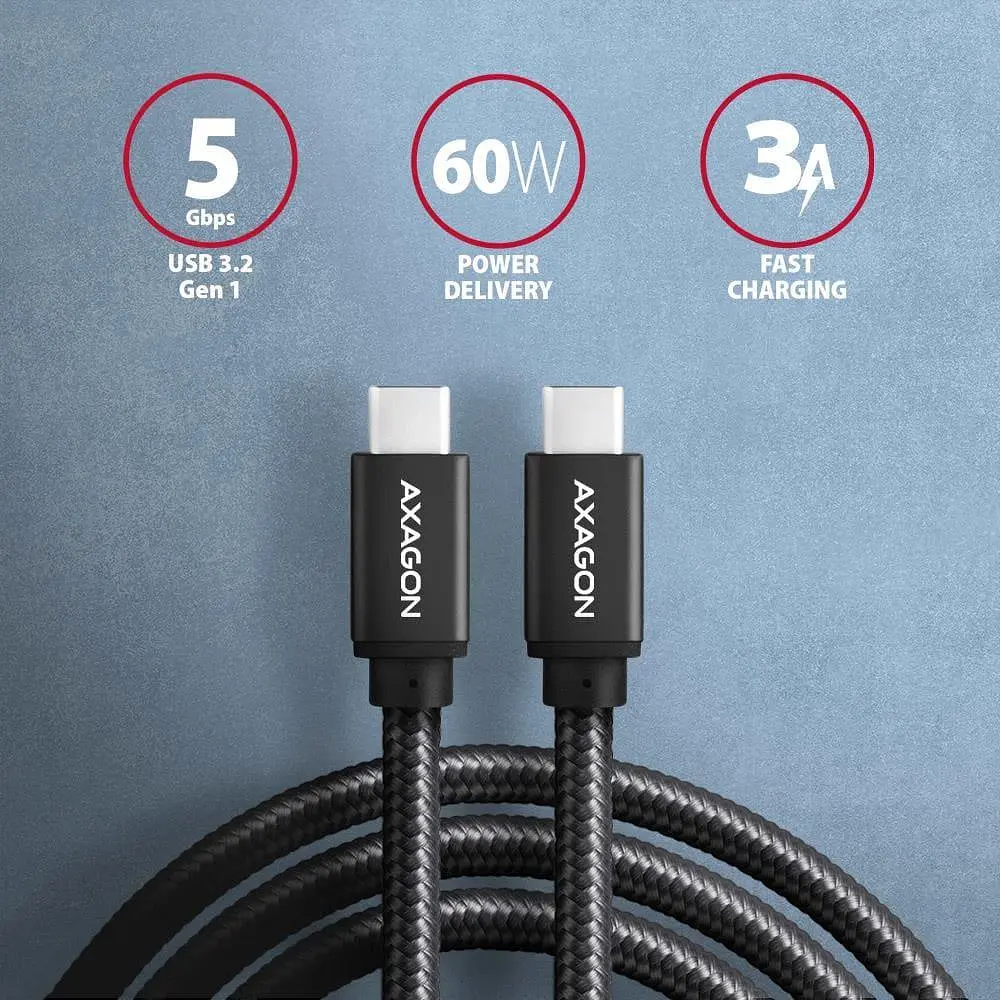 Кабель AXAGON BUCM3-CM10AB USB-C-USB-C 3.2 Gen 1 1m, PD 60W, 3A, чорний (BUCM3-CM10AB) - фото 5