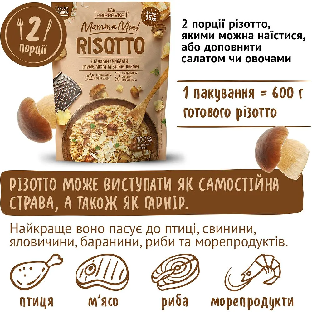 Ризотто Pripravka Mamma Mia с белыми грибами пармезаном и белым вином 170 г - фото 3
