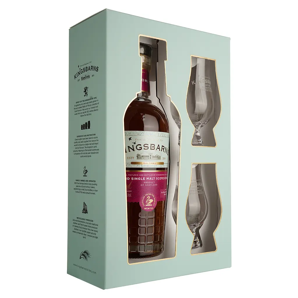 Набір: Віскі Kingsbarns Balcomie Lowland Single Malt Scotch Whisky 46% 0.7 л + 2 склянки в подарунковій коробці - фото 2