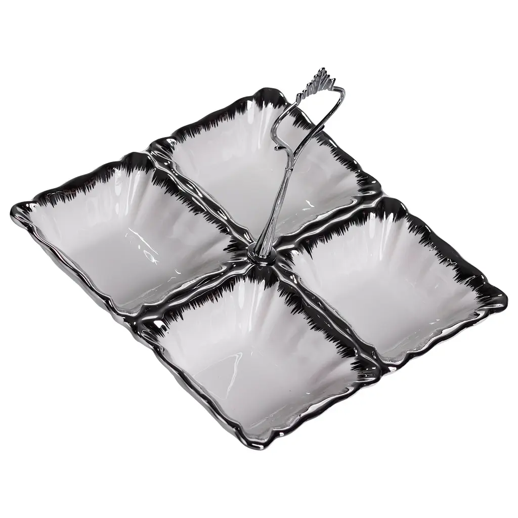 Менажница фарфоровая на 4 секции для закусок тарелка 18×18×3 (см) с ручкой Белый с серебром Yiwu LC-BYL-100-S - фото 4