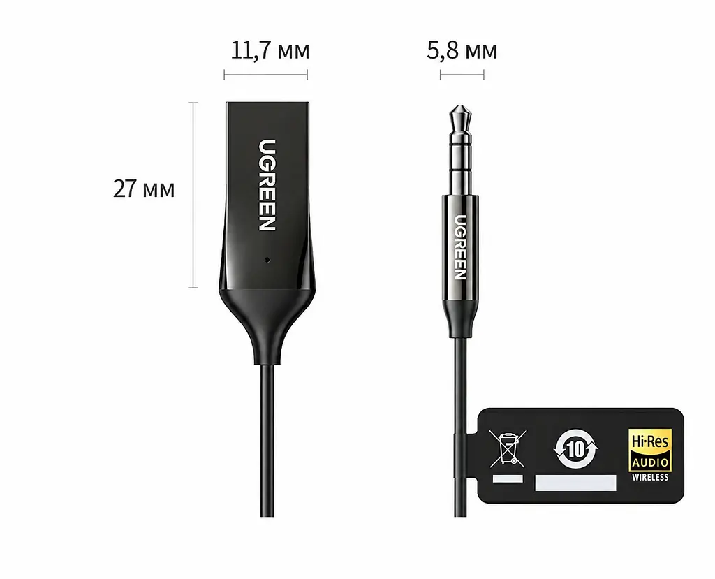 Автомобільний Bluetooth 6.0 аудіоприймач UGREEN BT525 AUX-адаптер аудіовихід 3,5 мм та штекер USB-A для живлення кодеки SBC AAC і LDAC мікрофон для дзвінків із ШІ-шумозаглушенням одночасне підключення до двох телефонів чорний (85428) - фото 3