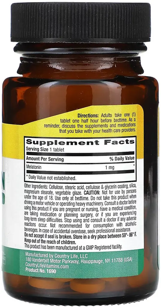 Мелатонин Country Life Melatonin 1 mg, 60 таблеток для качественного сна - фото 2