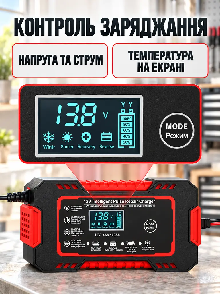 Зарядний пристрій імпульсний 12 В до 6 А для автомобільних і мотоциклетних акумуляторів чорний із червоним (37260070) - фото 4