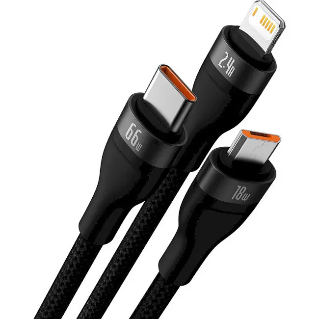 Кабель Baseus Flash Series Ⅱ 3-in-1 Cable USB to MicroUSB+Lightning+Type-C 66W 1.2m CASS040001 Black - фото 2