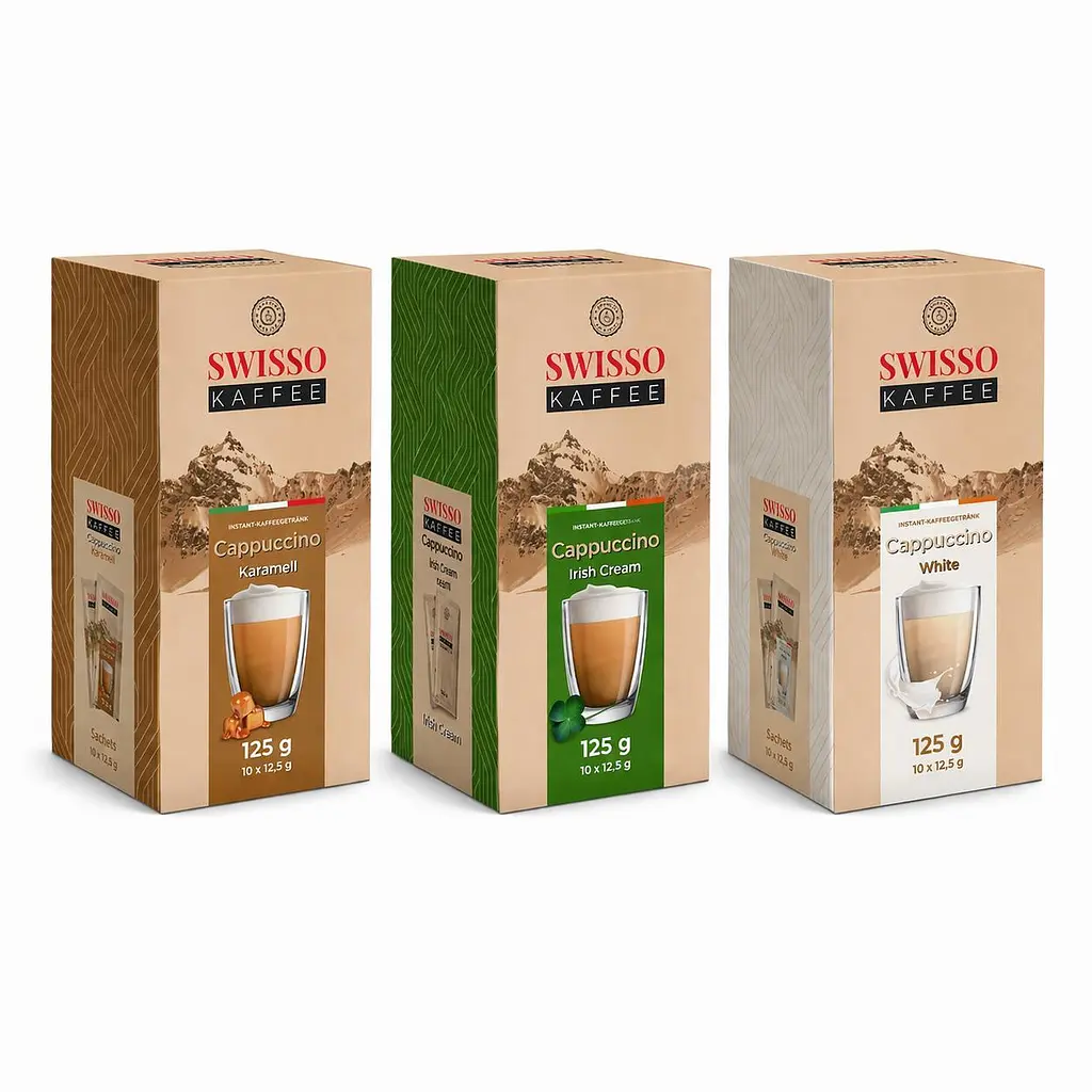 Набір капучино у стіках Swisso Kaffee Cappuccino Karamell + White + Irish Cream, 3×10×12,5 г
