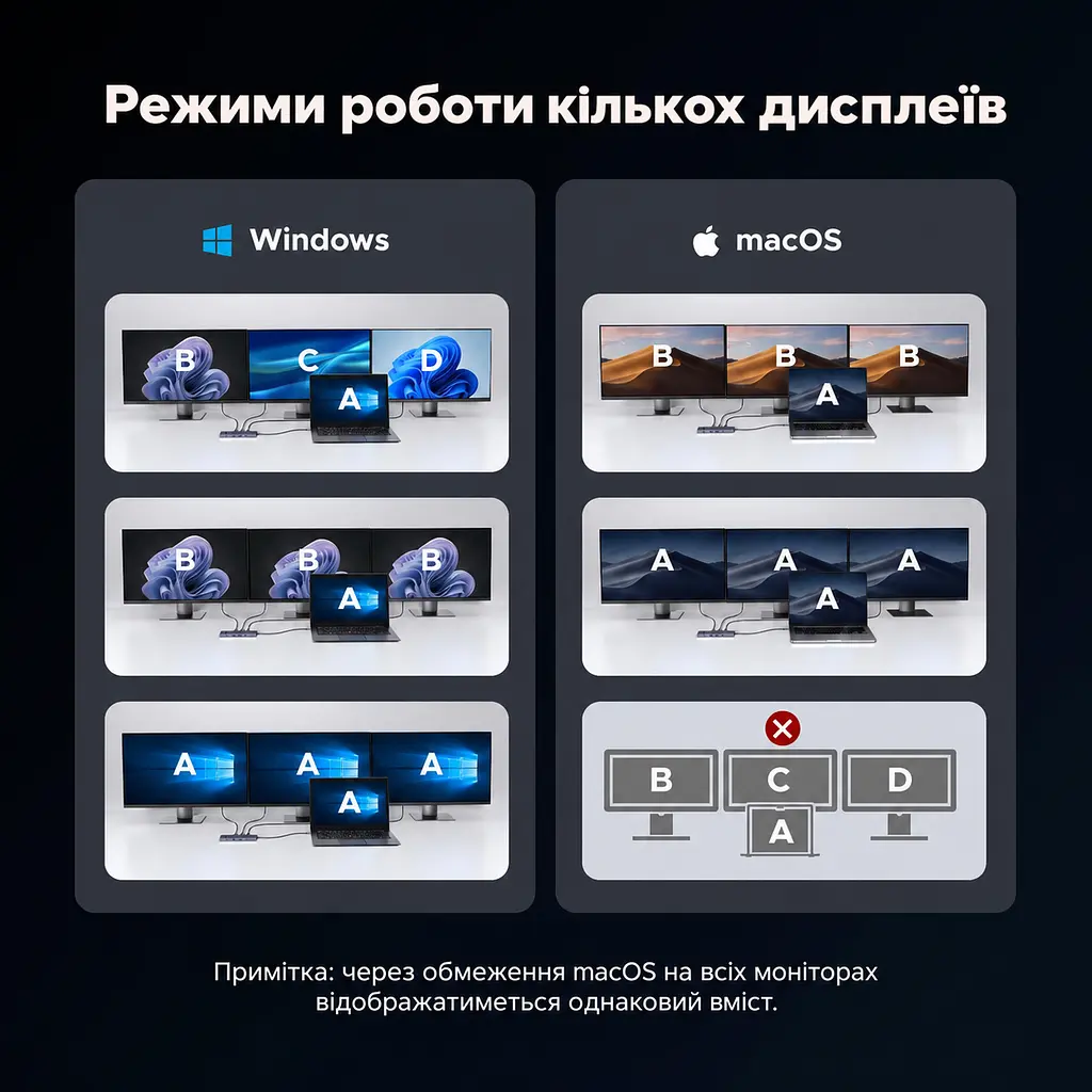 Док-станція USB-C UGREEN Revodok Pro CM886 12-в-1 2 HDMI 2.0 та DisplayPort 1.4 для одного дисплея DP до 4K 120 Гц або HDMI до 4K 60 Гц до трьох дисплеїв macOS однакове зображення на зовнішніх екранах потрібен USB-C з DP Alt Mode 2 USB-C 3.2 Gen2 до 10 Гбіт/с лише дані та 2 USB-A 2.0 вхід USB-C PD 100 Вт ноутбук до 85 Вт із зарядним пристроєм PD 100 Вт і кабелем 100 Вт RJ45 до 1000 Мбіт/с SD/microSD до 170 МБ/с аудіовихід 3,5 мм кабель 40 см космічний сірий (55767) - фото 3