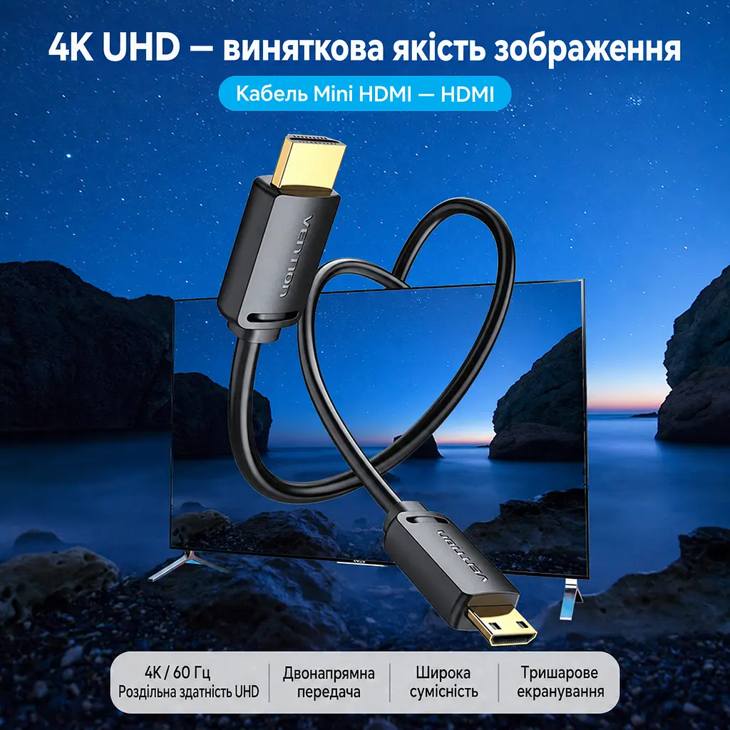 Відеокабель Vention AGHBI Mini HDMI - HDMI 4K 60 Гц 3 м чорний (AGHBI) - фото 8