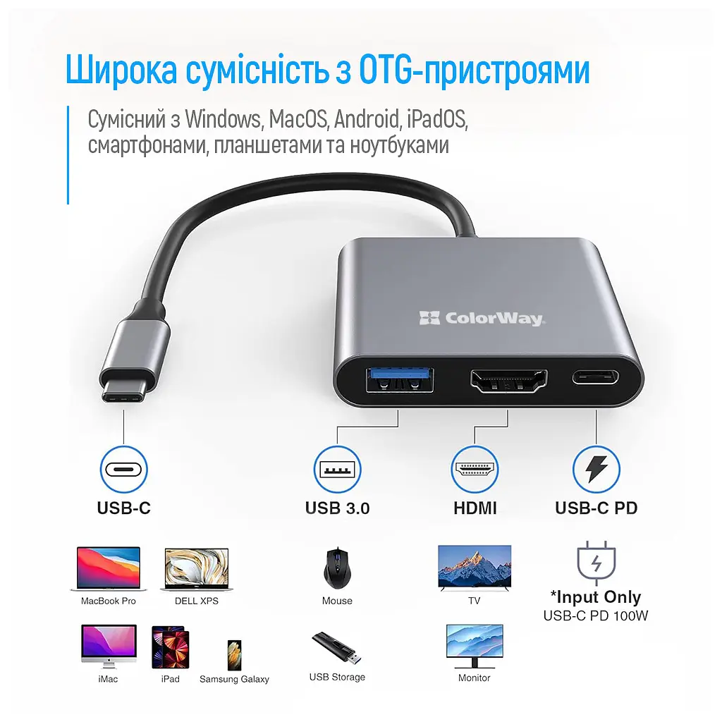 Концентратор ColorWay USB-C 3-in-1 USB 3.0 + HDMI 4K + USB-C PD100W (CW-HUB08) - фото 10