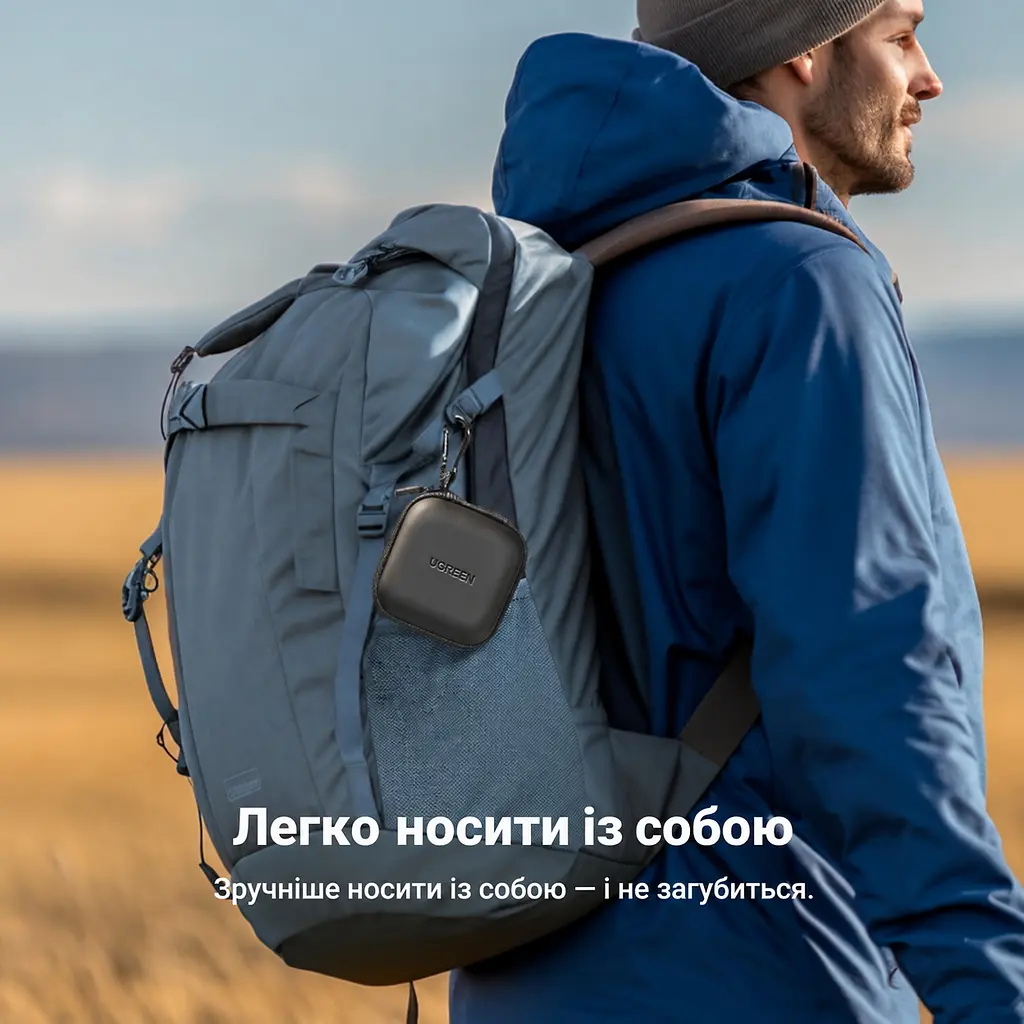 Футляр для мелких гаджетов UGREEN LP128 кейс для наушников ударопрочный и влагостойкий с карабином для крепления к сумке или рюкзаку внутренний сетчатый карман на молнии жёсткий корпус EVA с мягкой внутренней подкладкой внешний размер 80 × 80 × 40 мм чёрный (40816) - фото 4