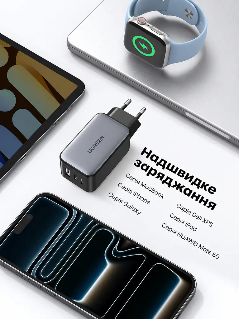 Мережевий зарядний пристрій GaN UGREEN Nexode CD244 загальна потужність до 65 Вт 2 порти USB-C та 1 USB-A для 65 Вт сірий (10335) - фото 10