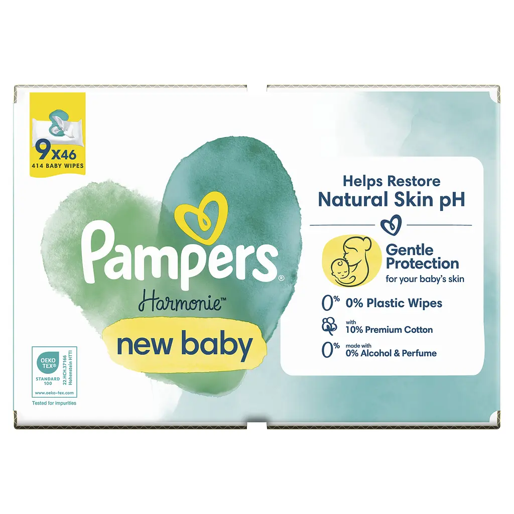 Набор детские влажные салфетки Pampers Harmonie New Baby Aloe Vera 414 шт. (9 уп. по 46 шт.) - фото 2