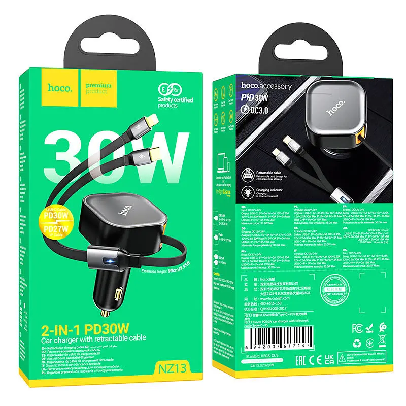 АЗП Hoco NZ13 Clever PD30W + висувний кабель Type-C and Lightning Black - фото 6