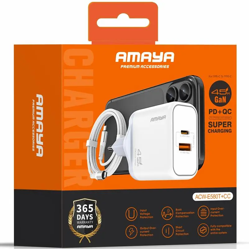 МЗП E580T PD45W+QC3.0 GaN (1USB-A/1C) + кабель Type-C to Type-C White Amaya teh0029580 - фото 2