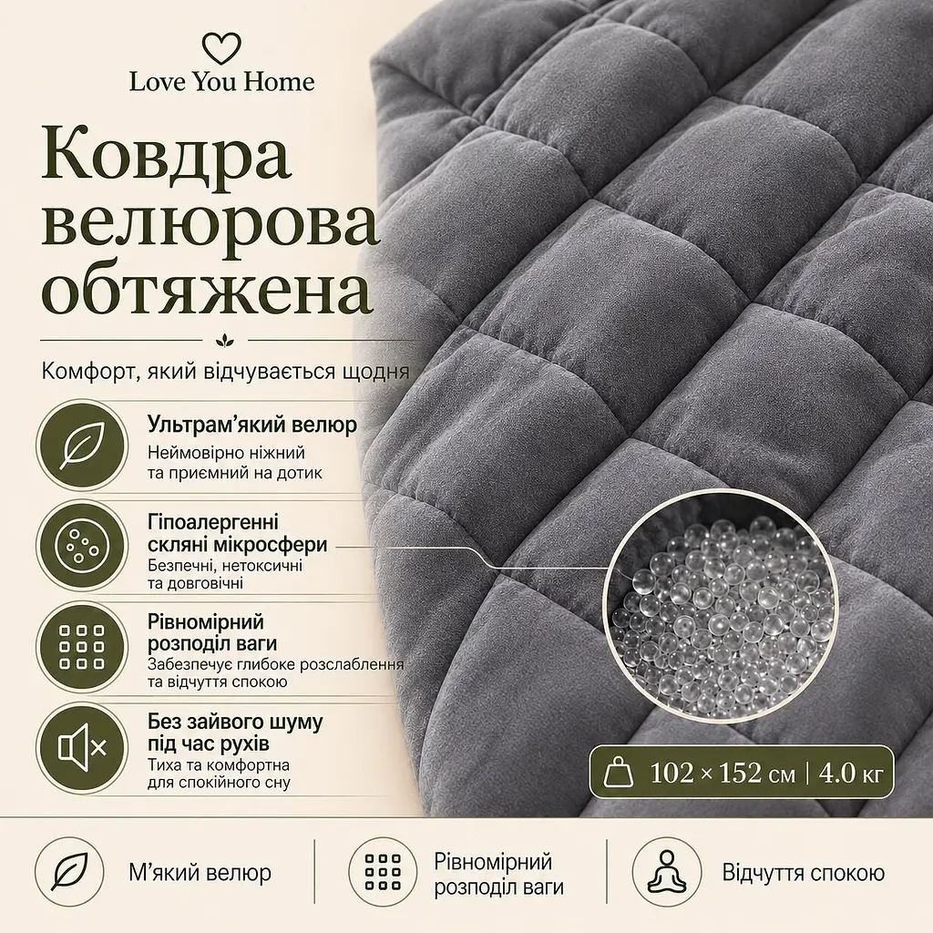 Ковдра обтяжена Love You антистрес велюрова 102×152 см 4 кг сіра (ly4715) - фото 6