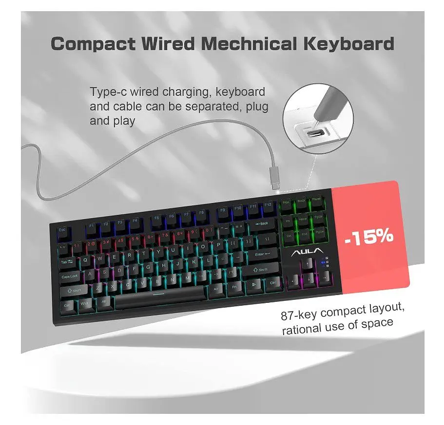 Клавіатура ігрова механічна Aula Mechanical F-3032 Black keycaps + 21 Yellow keys KRGD Red - фото 5