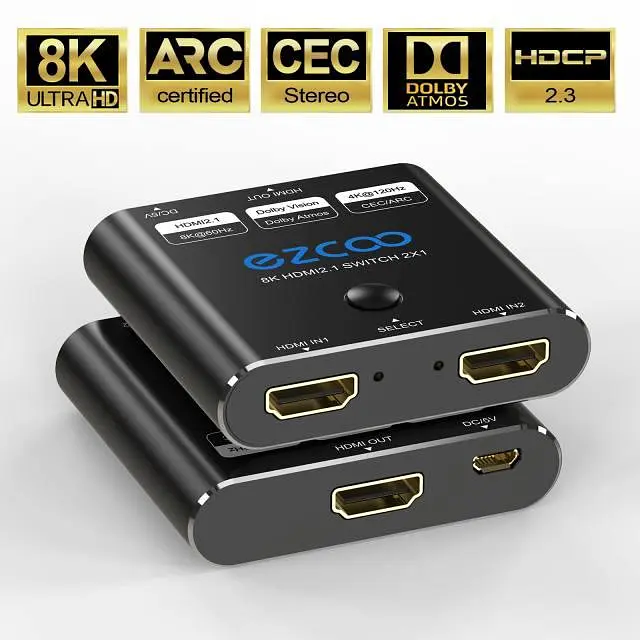 HDMI-перемикач 8K60 Гц 2 входи 1 вихід, 4K120 Гц 2X1 з кнопковим перемикачем, підтримує 48 Гбіт/с, CEC, ARC - фото 5