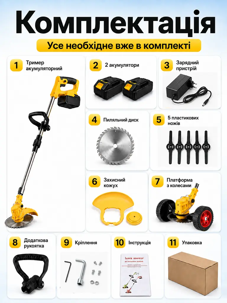 Електрична газонокосарка ручна, 2 акумулятори 48V, 4000 мА-год, Тример садовий акумуляторний для трави, для газону, від бур'янів, - фото 7