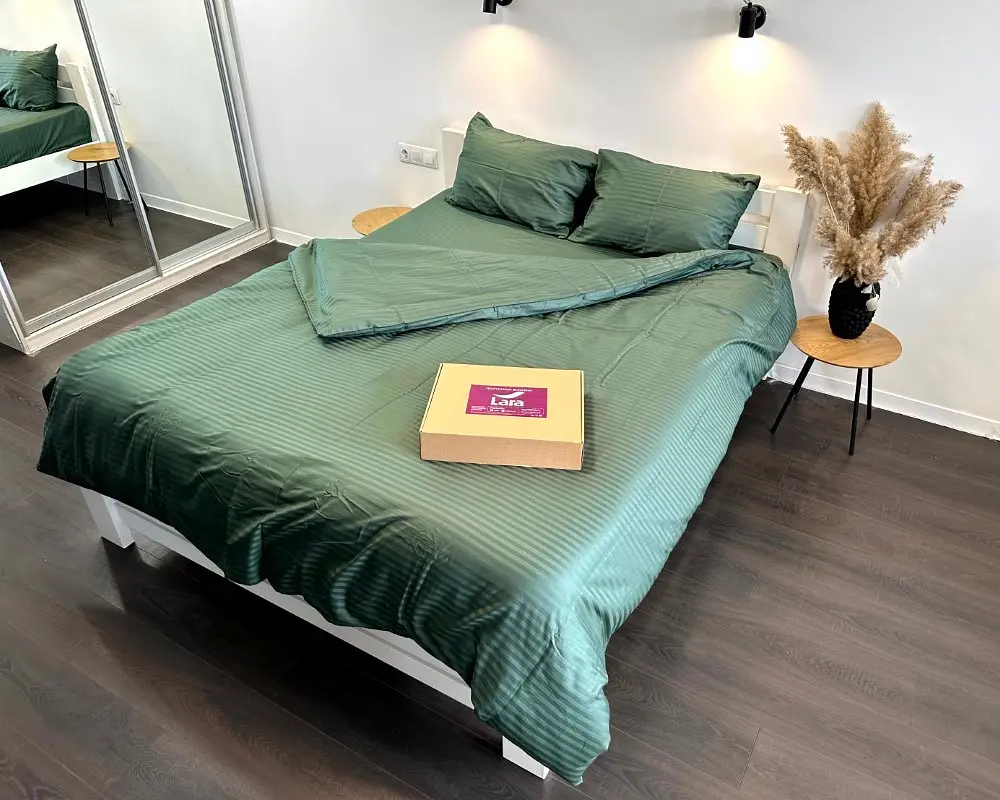 Постільна білизна LARA сатин-страйп LUX green d13183е160 з простирадлом на резинці 160х200х25 євро - фото 4