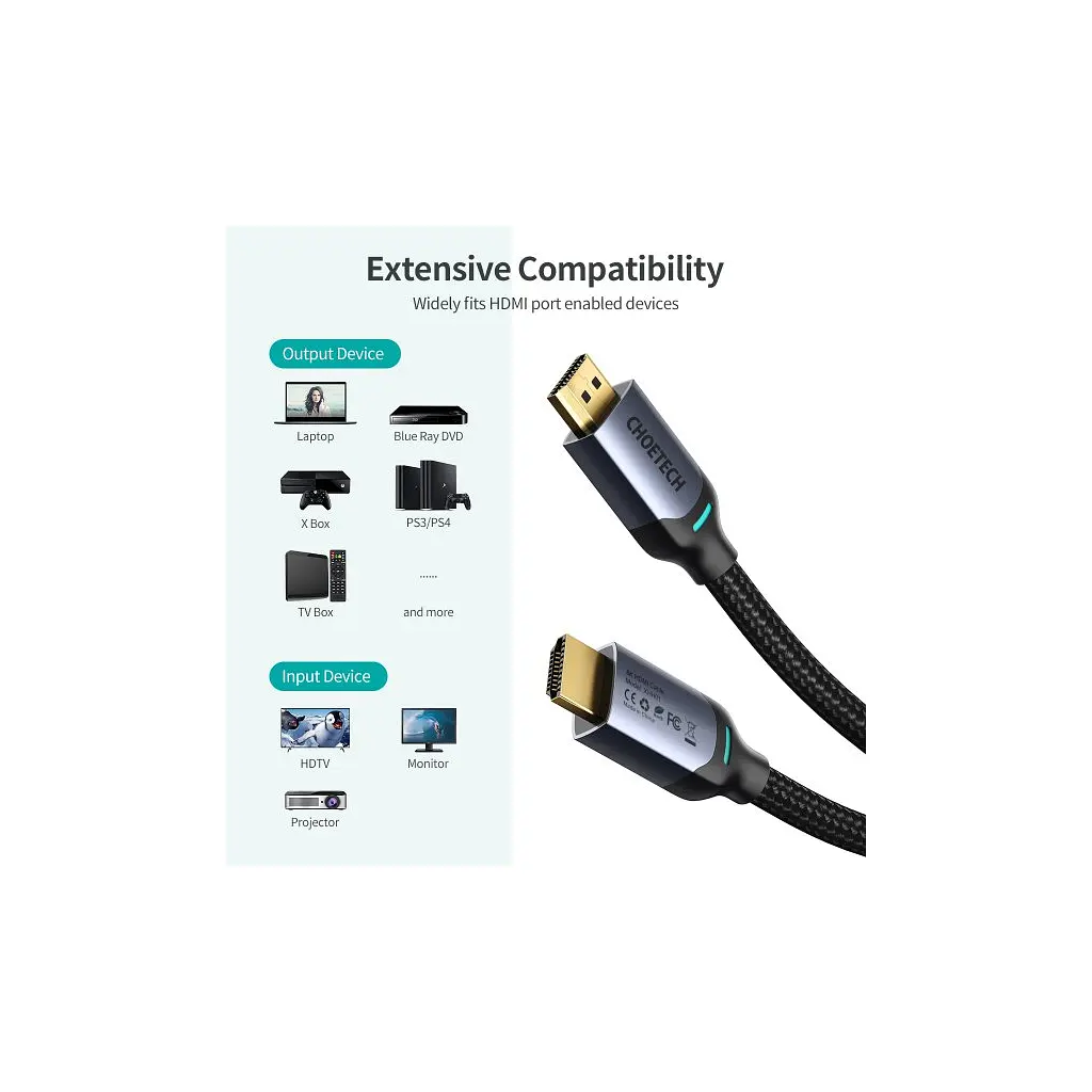 Кабель мультимедійний HDMI M to HDMI M 2.0m V2.1 8K60Hz HDR10 HLG Choetech (XHH01-BK) - фото 6