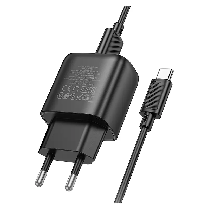 Сітчастий зарядний пристрій із кабелем HOCO C140A Smart single port QC3.0 charger set(Type-C)(EU) чорний - фото 2
