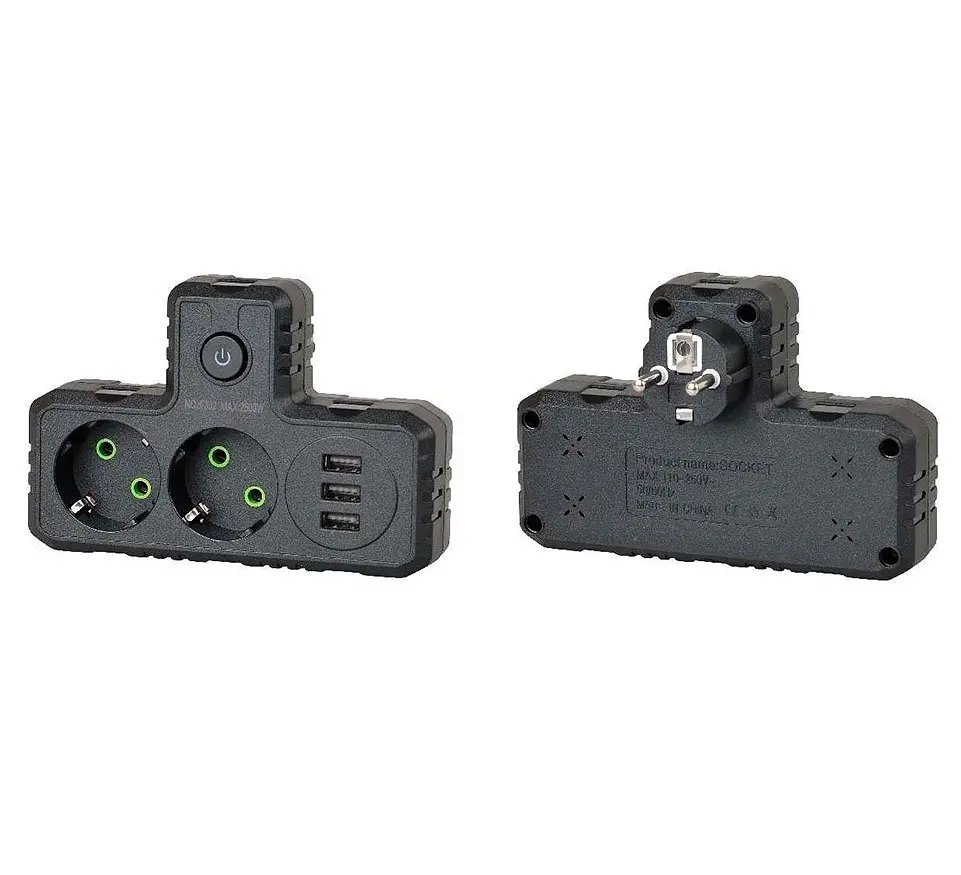 Розетка двойник с заземлением Voltronic F-302 Black, 2 розетки+3USB (1А), 2500W, 10A, 220V - фото 3