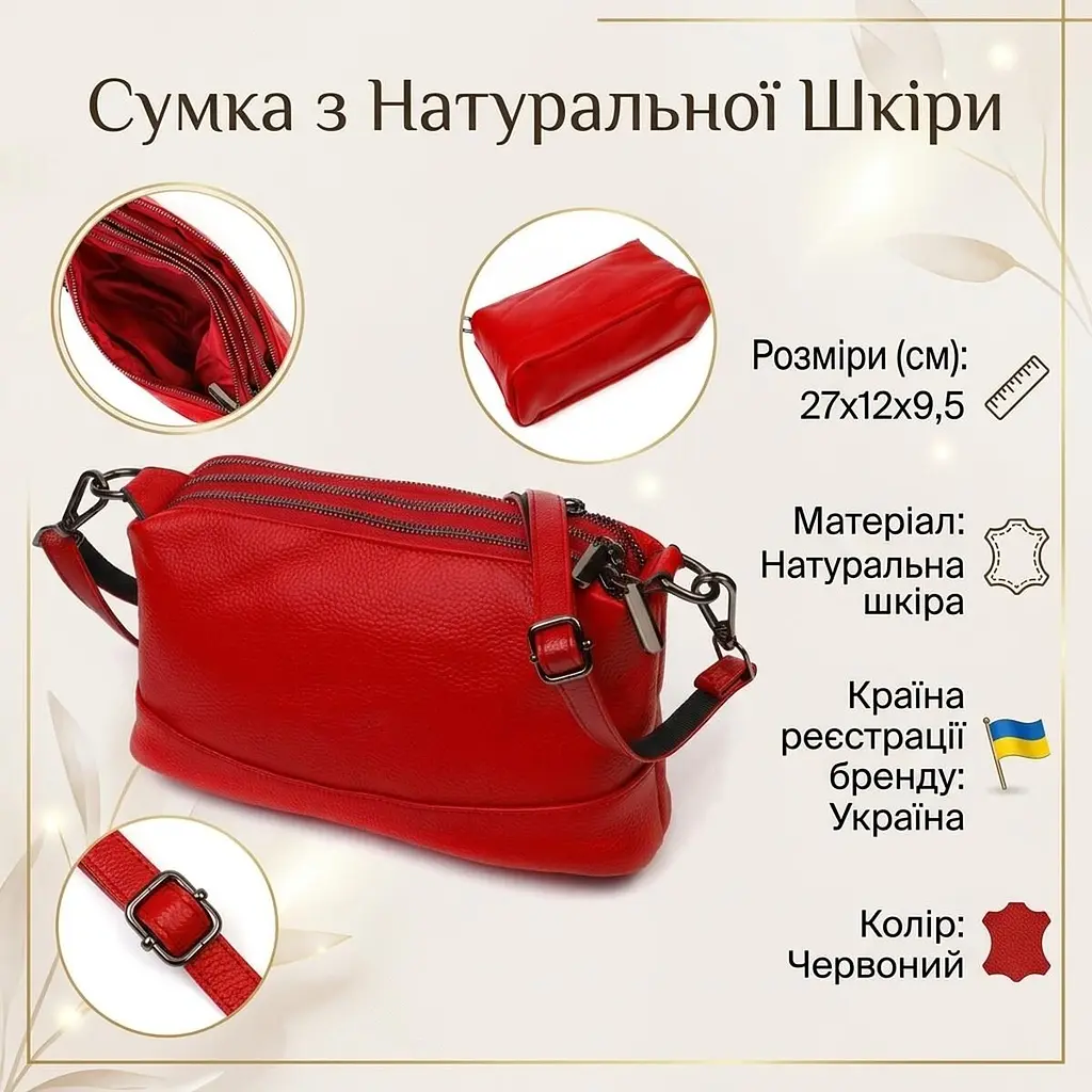 Яскрава сумка на три відділення з натуральної шкіри 22102 Vintage червона - фото 2