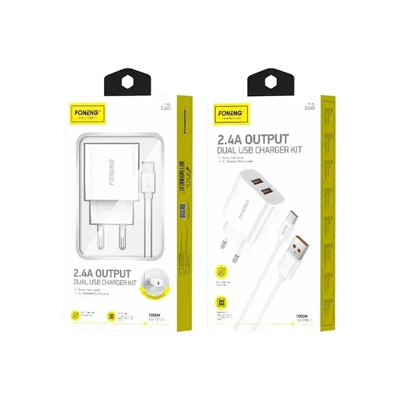 Мережевий зарядний пристрій Foneng EU45 Dual USB Charger (2USBх2.4A) White (EU45-CH-TC) + кабель USB Type C - фото 2