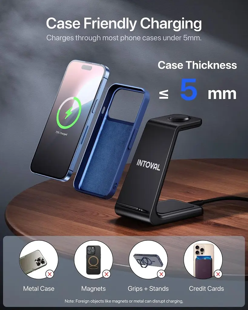 Бездротова зарядна станція Intoval A3 3в1 для iPhone Apple Watch та AirPods з швидкою зарядкою 15 Вт чорна (SKU-063) - фото 7
