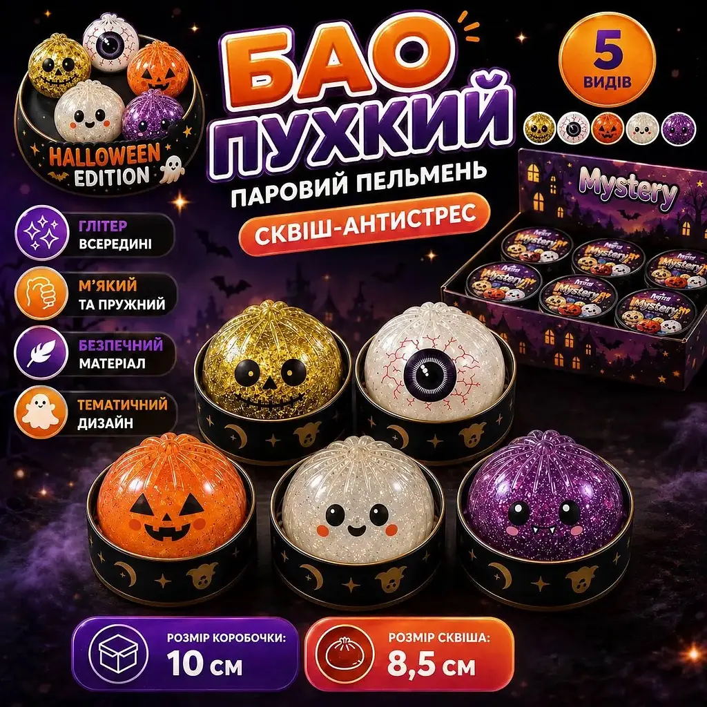 Іграшка антистрес Сквіш Пельмень Бао Хеловін з глітером дамплінг Halloween колір сюрприз  - фото 2