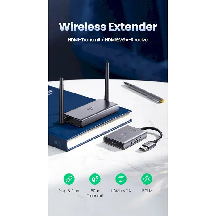 Подовжувач HDMI Wi-Fi UGREEN CM506 Wireless HDMI Extender Transmitter and Receiver 50m сірий (50633A) - фото 2