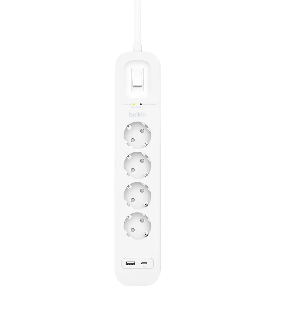 Belkin Підовжувач мережевий 2м, 4хТип, 16А, USB-A/USB-C 18Вт, фільтр, білий - фото 3