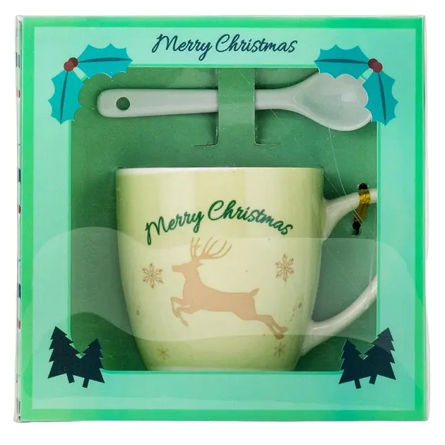 Новогодняя чашка Elisey 9150-002 Merry Christmas керамическая с ложкой 175 мл Зеленая - фото 4