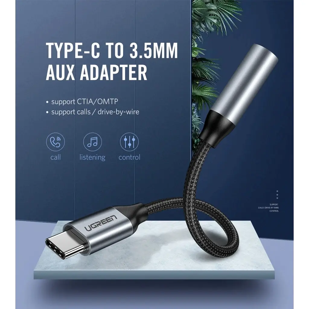 Переходник Ugreen Type-C M to 3.5mm F Audio Adapter 10 сm AV142 (Gray) (30632) - фото 2