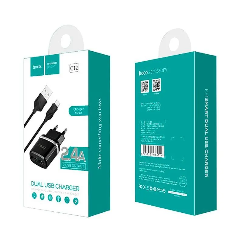 Адаптер мережевий Hoco Micro cable C12 2USB, 2.4 А - фото 4