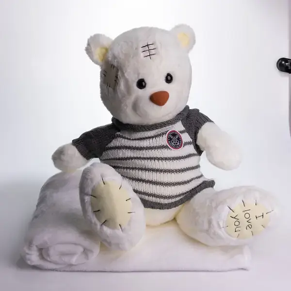 Мягкая игрушка с пледом 110х140 см Мишка Тедди в полосатом свитере белый детский плюшевый плед игрушка подушка детская ТМ COLORFUL HOME 509-35WG - фото 2