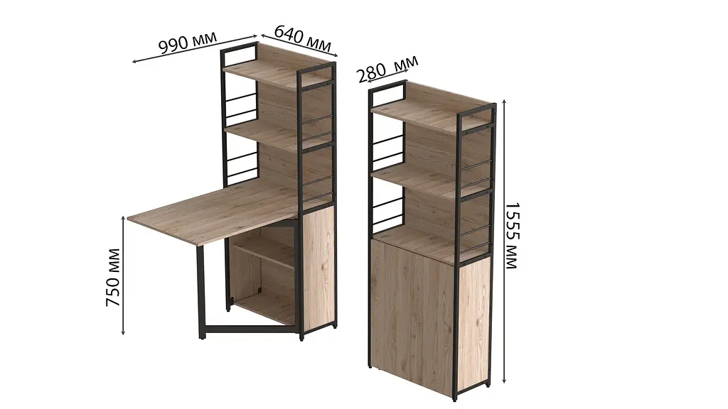 Стіл книжка з етажеркою Практик 2 Ferrum-decor 1555x640x990 Чорний метал ДСП Дуб Сан-Марино 16 мм (FRD-104626) - фото 2