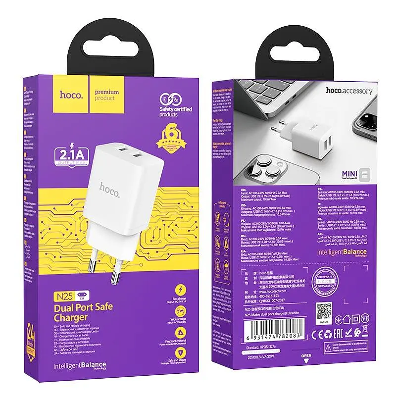 Адаптер сетевой HOCO Maker dual port charger N25 | 2USB, 2.1A | - фото 2
