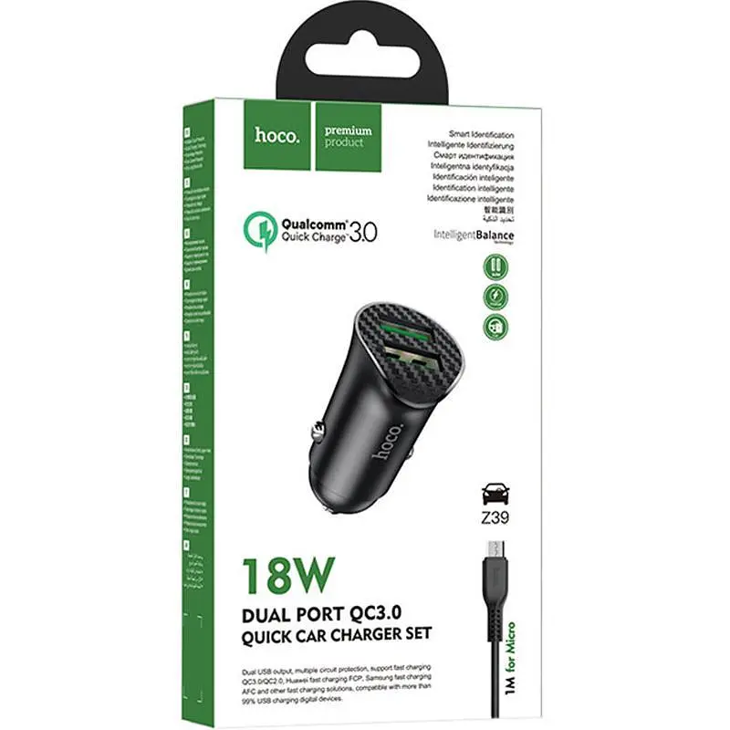 Автомобильное зарядное устройство Hoco Z39 QC3.0 Black 2 USB + USB Cable XiaomicroUSB - фото 4