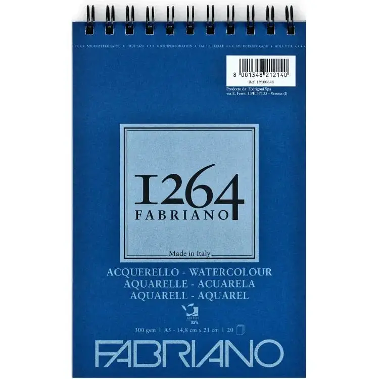 Альбом на спирали для акварели Fabriano 1264 А5 300 г/м² 20 листов, 25% хлопка - фото 1